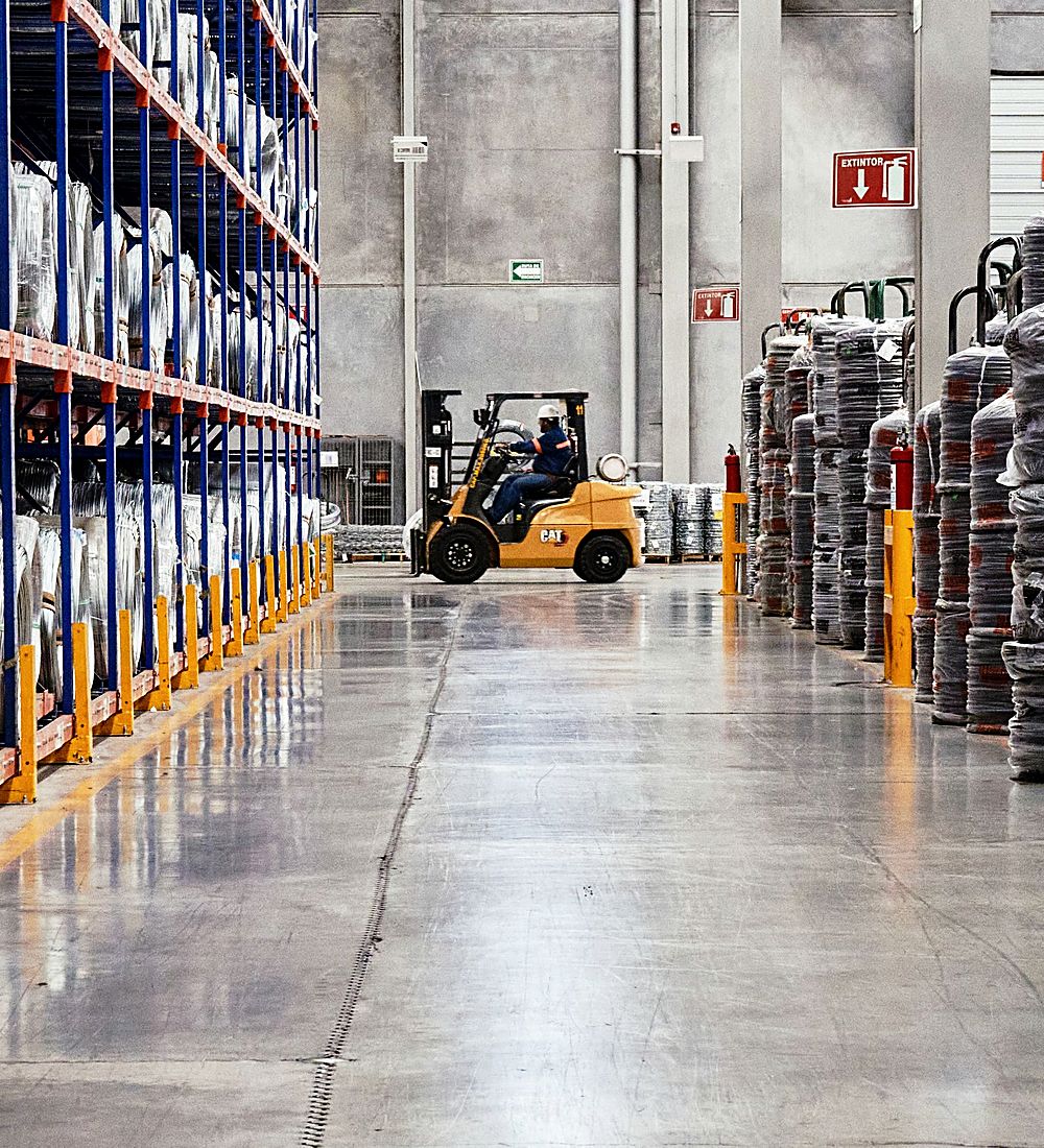 A forklift working a racked aisle in a goods warehouse